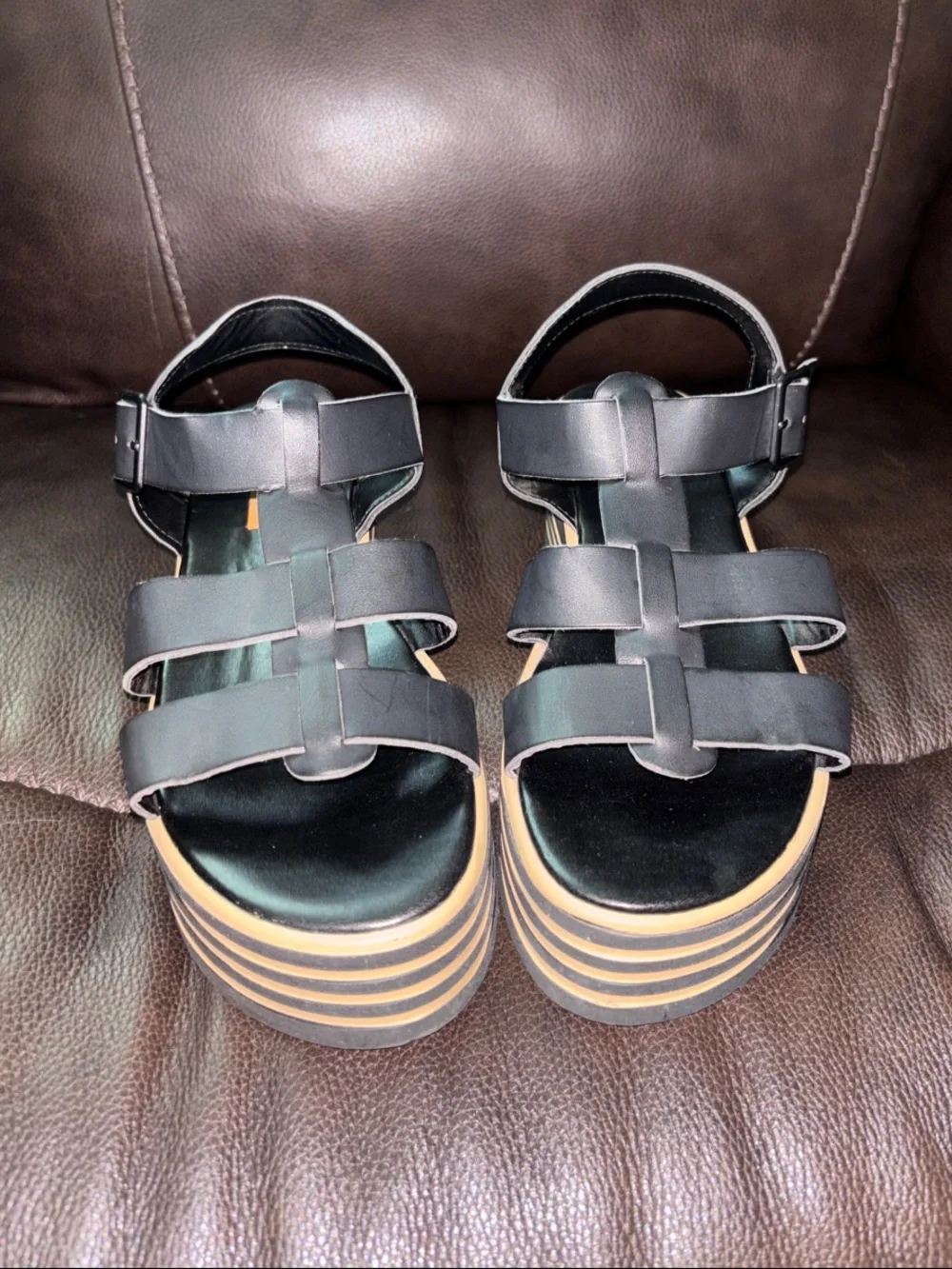 Rocket Dog Black Strappy Platform Sandals with Tan Striped Sole
